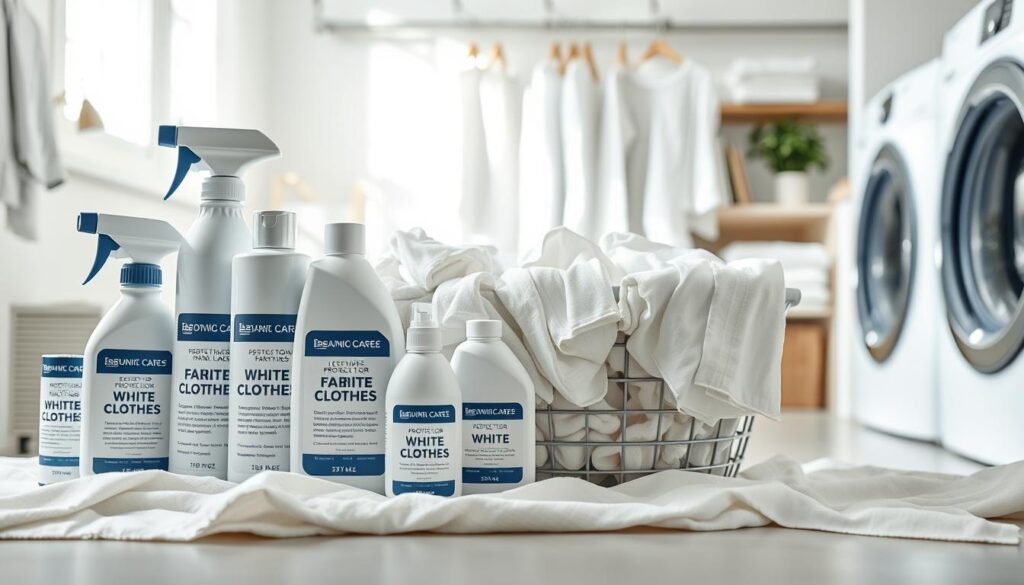 A well-organized display of professional fabric care products designed to protect white clothing. In the foreground, feature a neatly arranged assortment of fabric sprays, protective bags, and laundry detergents specifically labeled for white clothes. The middle ground should include a clean laundry basket filled with pristine white garments, subtly wrinkled yet bright, showcasing the effectiveness of the care products. In the background, depict a softly lit, modern laundry room with neutral colors, emphasizing cleanliness and organization. Use natural light coming from a nearby window, casting gentle shadows to create a warm, inviting atmosphere. Aim for a professional, informative mood, showcasing the importance of maintaining the brilliance of white clothing while incorporating elements of everyday laundry care. Avoid any text or logos in the image. A well-organized display of professional fabric care products designed to protect white clothing. In the foreground, feature a neatly arranged assortment of fabric sprays, protective bags, and laundry detergents specifically labeled for white clothes. The middle ground should include a clean laundry basket filled with pristine white garments, subtly wrinkled yet bright, showcasing the effectiveness of the care products. In the background, depict a softly lit, modern laundry room with neutral colors, emphasizing cleanliness and organization. Use natural light coming from a nearby window, casting gentle shadows to create a warm, inviting atmosphere. Aim for a professional, informative mood, showcasing the importance of maintaining the brilliance of white clothing while incorporating elements of everyday laundry care. Avoid any text or logos in the image.