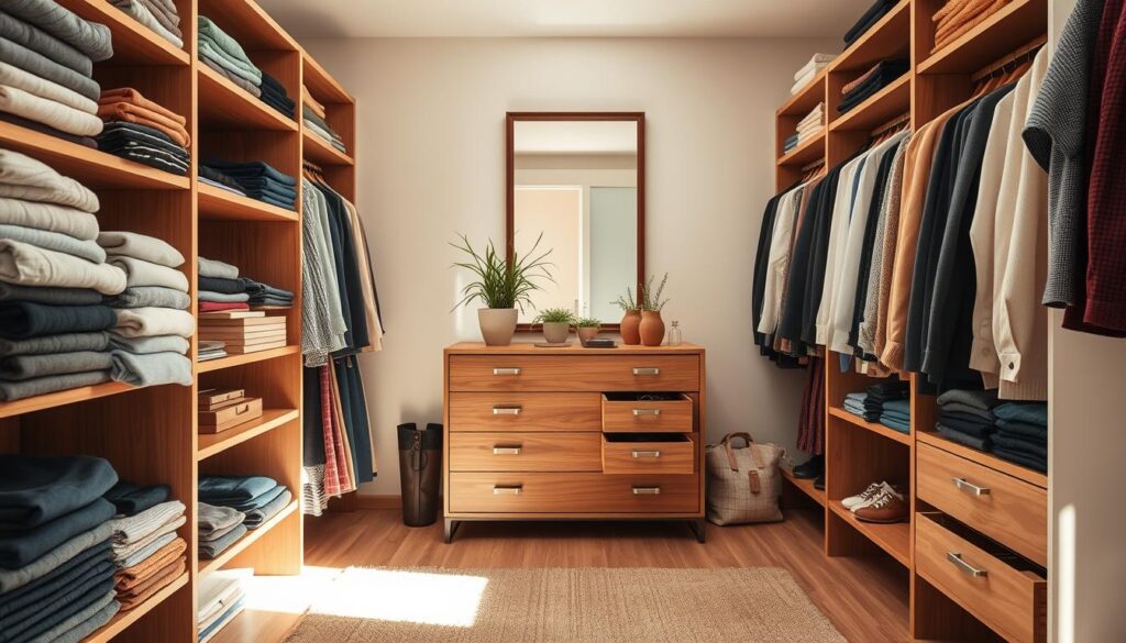 A well-organized wardrobe in a bright, inviting room. In the foreground, neatly arranged clothes on wooden shelves, showing a variety of colors and textures, folded expertly. In the middle, a stylish dresser with open drawers displaying organized compartments filled with accessories like belts and scarves. A few potted plants add a natural touch. In the background, a soft-lit mirror reflects the organized space, enhancing the atmosphere of tidiness. Natural light streams in through a window, casting gentle shadows and creating a warm, inviting ambiance. The overall mood is serene and inspiring, encapsulating the idea of permanent order and effortless organization in a closet setting.