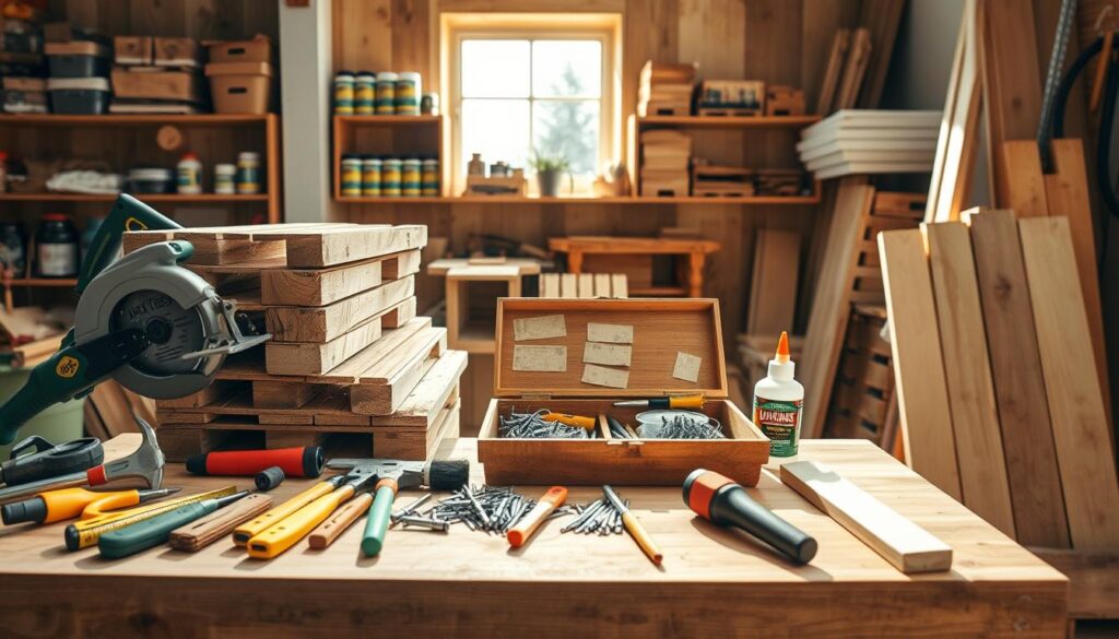 A well-organized workbench filled with essential tools for building garden furniture from pallets. In the foreground, a variety of hand tools such as a circular saw, hammer, measuring tape, and paintbrush are neatly arranged beside a stack of wooden pallets. In the middle, an open toolbox reveals screws, sandpaper, and wood glue. The background features a bright, sunlit workshop with wooden shelves stocked with various materials like wood stains and additional pallet pieces. Natural light streams through a window, casting soft shadows that enhance the warmth of the scene. The atmosphere is inviting and productive, suggesting a do-it-yourself space full of creativity and potential.