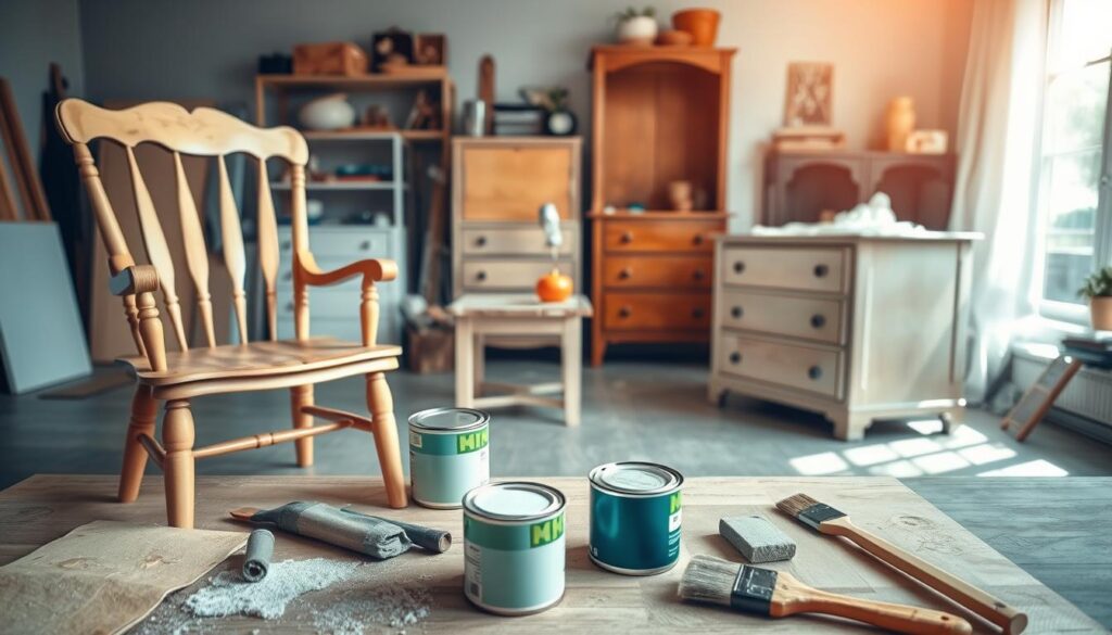 A well-organized workspace featuring a variety of furniture pieces like a wooden chair, a small table, and a dresser, all prepared for painting. In the foreground, tools like sandpaper, brushes, and paint cans are neatly arranged, showcasing colors suitable for furniture restoration. The middle ground presents the furniture items, each lightly sanded and cleaned, with masking tape outlining areas to protect from paint. In the background, a bright and airy room with natural light streaming through a window enhances the atmosphere of creativity and productivity. The overall mood is one of anticipation and care, reflecting the meticulous preparation involved in painting furniture. The lens captures a slightly overhead angle for a comprehensive view of the scene, emphasizing the organized setup. A well-organized workspace featuring a variety of furniture pieces like a wooden chair, a small table, and a dresser, all prepared for painting. In the foreground, tools like sandpaper, brushes, and paint cans are neatly arranged, showcasing colors suitable for furniture restoration. The middle ground presents the furniture items, each lightly sanded and cleaned, with masking tape outlining areas to protect from paint. In the background, a bright and airy room with natural light streaming through a window enhances the atmosphere of creativity and productivity. The overall mood is one of anticipation and care, reflecting the meticulous preparation involved in painting furniture. The lens captures a slightly overhead angle for a comprehensive view of the scene, emphasizing the organized setup.