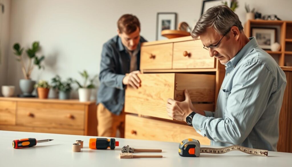 A well-organized workspace focusing on a wooden dresser with partially open drawers, showing a person in smart casual attire adjusting the drawers' alignment. In the foreground, tools such as a screwdriver, measuring tape, and wood shims are neatly laid out on a clean surface. The person, a middle-aged Caucasian man, is intently examining the drawer, demonstrating precise adjustments while maintaining a professional demeanor. The middle section features the dresser, highlighted by soft, natural lighting accentuating the wood's grain. In the background, a cozy room with muted colors complements the scene, featuring simple decor, such as potted plants and framed pictures. The atmosphere is calm and productive, suggesting a hands-on approach to home improvement. A well-organized workspace focusing on a wooden dresser with partially open drawers, showing a person in smart casual attire adjusting the drawers' alignment. In the foreground, tools such as a screwdriver, measuring tape, and wood shims are neatly laid out on a clean surface. The person, a middle-aged Caucasian man, is intently examining the drawer, demonstrating precise adjustments while maintaining a professional demeanor. The middle section features the dresser, highlighted by soft, natural lighting accentuating the wood's grain. In the background, a cozy room with muted colors complements the scene, featuring simple decor, such as potted plants and framed pictures. The atmosphere is calm and productive, suggesting a hands-on approach to home improvement.