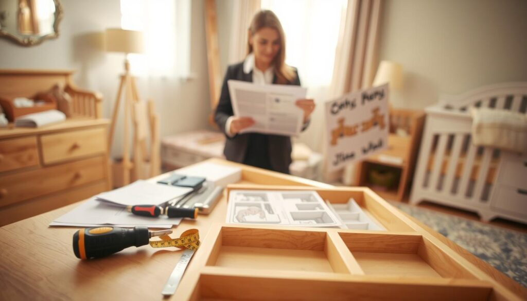 A well-organized workspace for assembling a changing table, featuring a neatly laid out set of tools including a screwdriver, measuring tape, and assembly instructions. In the foreground, a wooden changing table with its components visible, such as trays and safety edges, ready for assembly. The middle ground shows a person in a professional outfit, carefully examining the assembly instructions, with a focused expression. The background includes soft lighting from a window, creating an inviting atmosphere in a cozy nursery. The scene is captured with a shallow depth of field, emphasizing the tools and the changing table, while the warm tones evoke a sense of preparation and readiness.