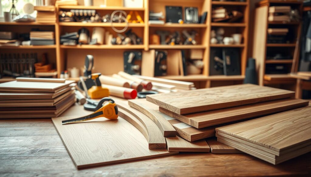 An array of materials used in the production of dressers, prominently displayed on a wooden workshop table. In the foreground, a close-up of polished veneer sheets shows varying textures and colors, including oak, walnut, and maple. Nearby, medium-density fiberboard (MDF) and solid wood planks exhibit different finishes. In the middle ground, tools like a tape measure, wood glue, and a saw hint at craftsmanship. The background features shelves filled with various hardware components like drawer slides and hinges, softly blurred to keep focus on the materials. The lighting is warm and natural, streaming in from a window to create a cozy, inviting atmosphere, highlighting the craftsmanship and quality of the materials. The image conveys a sense of professionalism and artistry in furniture production.