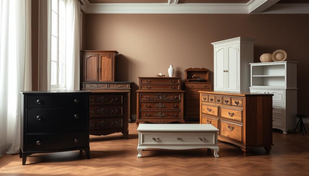 An elegant display of various types of chests of drawers (komód), showcased in a warm, inviting room. In the foreground, include three distinct styles: a modern, sleek black dresser, a vintage wooden chest with intricate carvings, and a minimalistic white cabinet. In the middle, arrange additional styles, such as a tall, narrow chest perfect for a hallway and a wider, low-profile model that could serve as a TV stand. The background features soft, ambient lighting with a subtle glow, enhancing the textures of the wood and finishes. Use a cozy atmosphere, capturing the essence of home organization and style, with soft shadows to create depth. The angle should be slightly elevated, giving a comprehensive view of all pieces without any text or distractions.