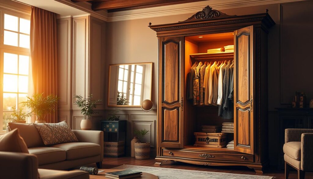 An elegant, well-organized living room featuring a beautifully restored wardrobe as the focal point. In the foreground, the wardrobe is open to reveal neatly arranged clothes, showcasing the value of renovation. The middle ground includes tasteful decor items, such as plants and books, enhancing the comforting atmosphere. The background shows a cozy, softly lit room with warm tones and a large window allowing natural light to stream in, creating a serene ambiance. The lighting is warm and inviting, mimicking the golden hour just before sunset, which highlights the texture of the wardrobe’s wood. The image should evoke a sense of satisfaction and practicality, emphasizing the benefits of restoring furniture in a home setting.