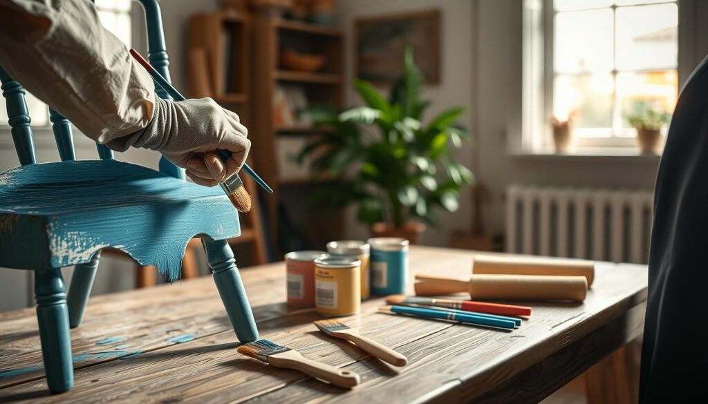 An elegant workspace with a close-up focus on a wooden chair being painted with a brush. The foreground showcases the hands of a person wearing a smock and gloves, delicately applying a vibrant blue color to the chair's surface with a fine brush. The middle ground features a selection of paint cans in various pastel colors, arranged on a weathered wooden table, highlighting tools like brushes and rollers. In the background, soft natural light filters through a window, illuminating the room with a warm, inviting glow. A potted plant adds a touch of greenery, enhancing the atmosphere of creativity and craftsmanship. The scene conveys a calm, inspiring mood, perfect for illustrating furniture painting techniques. An elegant workspace with a close-up focus on a wooden chair being painted with a brush. The foreground showcases the hands of a person wearing a smock and gloves, delicately applying a vibrant blue color to the chair's surface with a fine brush. The middle ground features a selection of paint cans in various pastel colors, arranged on a weathered wooden table, highlighting tools like brushes and rollers. In the background, soft natural light filters through a window, illuminating the room with a warm, inviting glow. A potted plant adds a touch of greenery, enhancing the atmosphere of creativity and craftsmanship. The scene conveys a calm, inspiring mood, perfect for illustrating furniture painting techniques.
