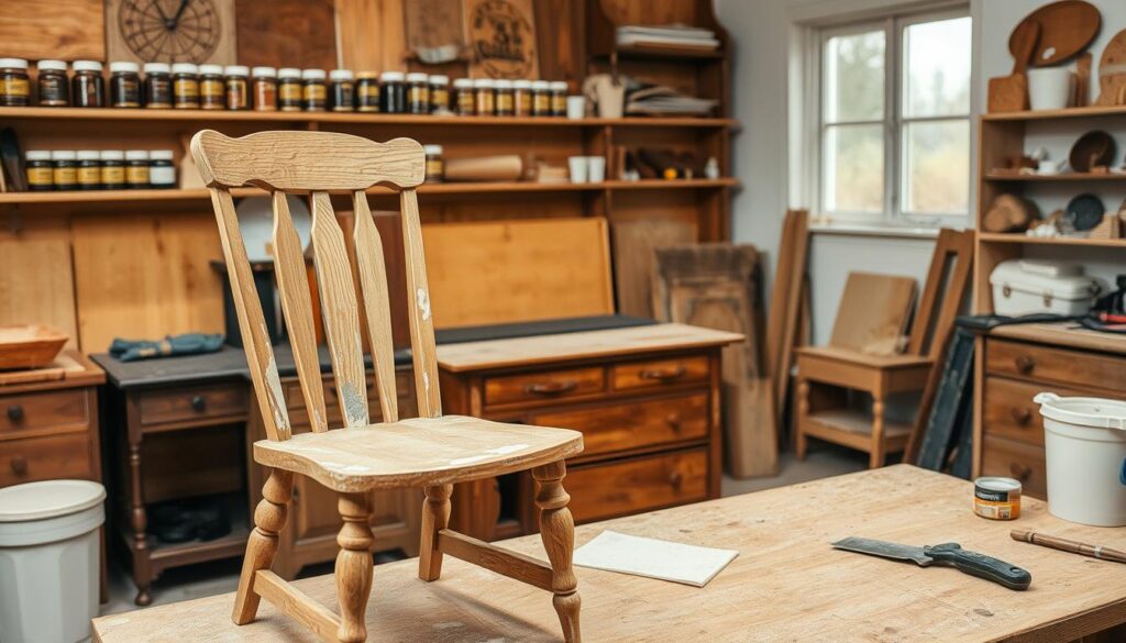 An inviting workshop scene focusing on furniture preparation for restoration. In the foreground, a wooden chair sits on a workbench, partially stripped of its old paint, with tools like sandpaper and a paint scraper scattered around. In the middle, various types of furniture, including a vintage dresser and a wooden table, are arranged, showcasing different stages of the restoration process. Soft, warm lighting illuminates the space, enhancing the natural wood grain textures. The background features shelves filled with jars of wood stain, brushes, and protective gear, creating a cozy yet professional atmosphere. The focus is on craftsmanship and attention to detail, evoking a sense of transformation and creativity. No humans are present in the scene.