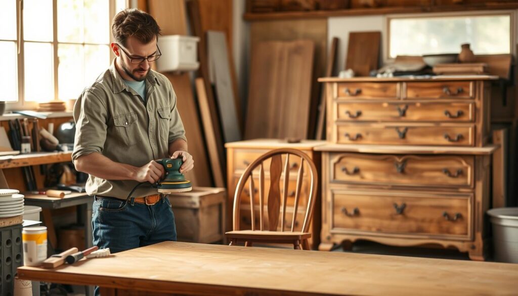 An inviting workshop scene showcasing the process of refinishing wooden veneer furniture. In the foreground, a craftsman in modest casual clothing, focused on sanding a worn-out tabletop with a block sander, while surrounded by various tools like brushes, paint, and varnish. The middle ground features a beautifully restored wooden chair displaying its rich grain next to an old, distressed dresser waiting for rejuvenation. The background captures warm, natural light filtering through a nearby window, enhancing the soft glow of the furniture and creating a cozy, creative atmosphere. This scene should convey a sense of transformation, craftsmanship, and dedication to restoring the beauty of old furniture. An inviting workshop scene showcasing the process of refinishing wooden veneer furniture. In the foreground, a craftsman in modest casual clothing, focused on sanding a worn-out tabletop with a block sander, while surrounded by various tools like brushes, paint, and varnish. The middle ground features a beautifully restored wooden chair displaying its rich grain next to an old, distressed dresser waiting for rejuvenation. The background captures warm, natural light filtering through a nearby window, enhancing the soft glow of the furniture and creating a cozy, creative atmosphere. This scene should convey a sense of transformation, craftsmanship, and dedication to restoring the beauty of old furniture.