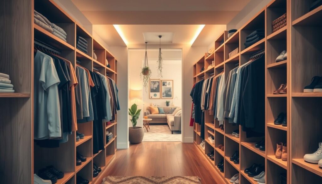 Open wardrobe space with an elegant, minimalist design, showcasing wooden shelves filled with neatly organized clothes and accessories. In the foreground, soft, warm light illuminates a variety of garments, such as shirts, jackets, and shoes, displaying vibrant colors and textures. The middle ground features hanging plants and decorative items, enhancing the modern aesthetic and creating a sense of warmth and personality. In the background, a cozy room is visible, with neutral-toned walls and a stylish area rug, hinting at a small yet functional living space. The perspective highlights the depth of the wardrobe while maintaining an open, airy feel. Aim for a bright, inviting atmosphere that emphasizes the practicality of open wardrobes in small interiors.