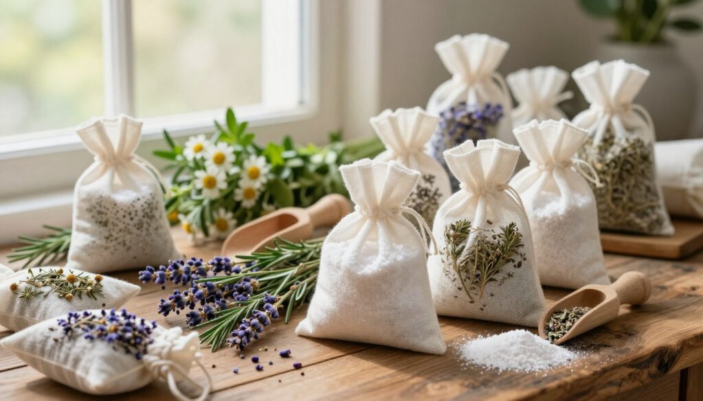 A beautifully arranged display of natural scented sachets made from organic materials, featuring small fabric bags filled with baking soda and a variety of dried herbs like lavender, rosemary, and chamomile. In the foreground, the sachets are elegantly scattered on a rustic wooden table, showcasing their vibrant colors and textures. The middle ground includes fresh herbs and a small wooden scoop, emphasizing the natural aspect. In the background, soft sunlight filters through a window, creating a warm and inviting atmosphere. The scene is illuminated with gentle, diffused lighting to enhance the natural elements. The overall mood is calm and refreshing, ideal for evoking the essence of freshness in a wardrobe.