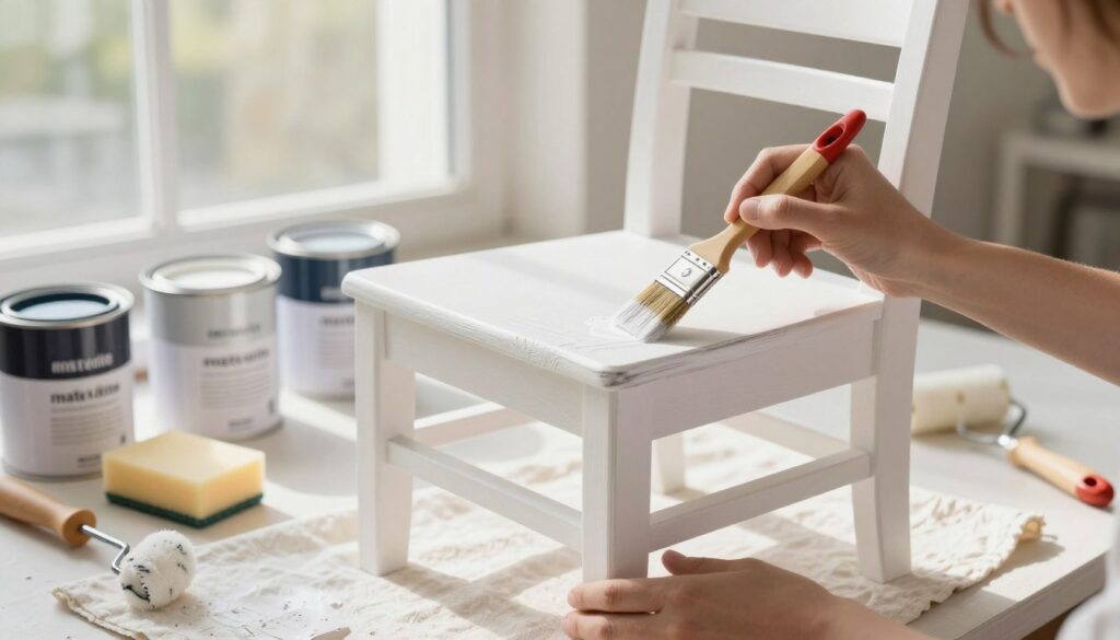 A beautifully arranged workspace featuring a pair of hands carefully painting a wooden chair in bright white, with a paintbrush gliding smoothly over the surface. The chair is set on a soft, light-coloured drop cloth that absorbs any spills. In the background, various paint cans labeled 'matte white' are scattered, showcasing different finishes and application tools like rollers and sponges. Natural light filters through a large window, creating a warm, inviting atmosphere with soft shadows highlighting the details of the chair's wood grain. The focus is sharp on the chair, while the background slightly blurs, emphasizing the act of painting. The overall mood is calm and focused, illustrating the precision of painting furniture without streaks or discoloration.