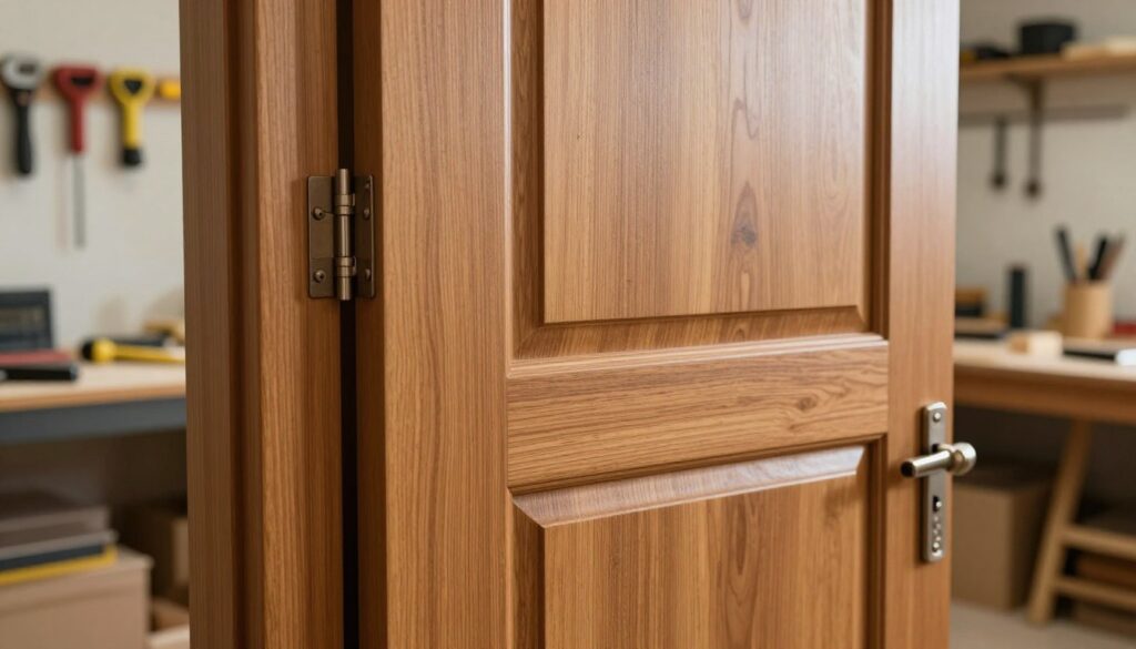 A beautifully crafted wooden door made from MDF, showcasing a seamless edge banding finish. The foreground features an intricately detailed close-up of the door hinge, highlighting its sturdy construction. In the middle ground, the door stands slightly ajar, revealing a smooth, polished surface with a rich, warm wood grain texture, elegantly reflecting soft, diffused lighting. In the background, a tidy workshop environment is visible, filled with tools and materials, creating an atmosphere of craftsmanship and focus. The composition should evoke a sense of precision and attention to detail, with a clean, professional look that emphasizes the quality of the door and its finishes. Use a shallow depth of field to draw attention to the door while softly blurring the background.