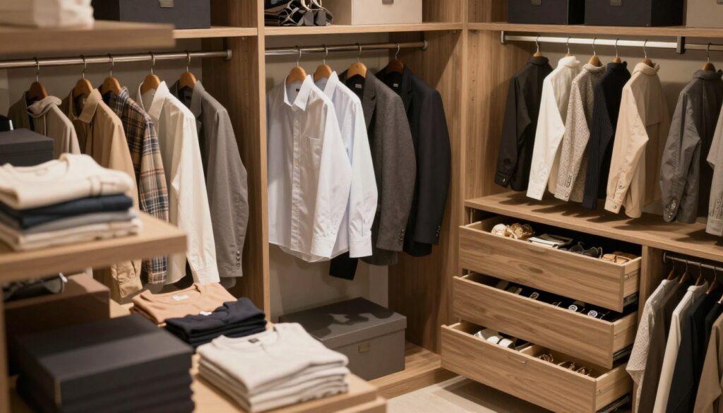 A beautifully designed interior of a modern wardrobe showcasing shelves, hanging rods, and drawers. In the foreground, you can see neatly arranged clothing items on wooden shelves, displaying a mix of folded and hanging garments, along with stylish storage boxes. The middle section features robust hanging rods filled with shirts and jackets, perfectly illuminated by soft, warm lighting that casts gentle shadows, creating a cozy atmosphere. In the background, there are cleverly designed pull-out drawers, slightly open, revealing neatly organized accessories. The overall mood is inviting and organized, reminiscent of a professional closet design setup. The angle should be slightly elevated to capture the full layout, bringing all elements into a harmonious composition, with a soft focus to enhance the depth.