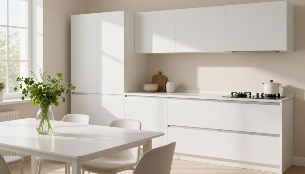 A beautifully designed kitchen featuring elegant white lacquered furniture, showcasing a pristine color palette. In the foreground, a sleek white dining table, adorned with a simple vase of fresh green herbs, reflects soft natural light. The middle area includes stylish white cabinets with subtle textures and streamlined handles, emphasizing modern aesthetics. In the background, bright and inviting kitchen elements like a well-organized countertop with minimalistic kitchenware and soft beige walls. The atmosphere is clean, airy, and sophisticated, highlighted by a warm sunlight stream through a nearby window, creating a calm and serene mood. Capture the essence of simplicity and elegance in this culinary space.