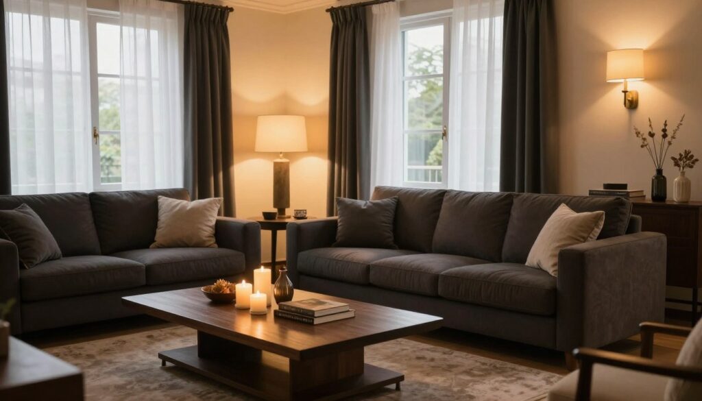 A beautifully designed living room featuring dark wooden furniture, illuminated by layered lighting to create a warm atmosphere. In the foreground, a stylish coffee table adorned with decorative elements like candles and books. In the middle ground, dark sofas contrast with soft, ambient lighting that highlights their details, while decorative floor lamps and wall sconces provide multiple layers of light. The background shows large windows with sheer curtains, allowing natural light to blend harmoniously with the warm artificial lighting. The scene is inviting and modern, reflecting a cozy yet chic environment. The overall mood is bright and airy, perfect for brightening up a space with dark furnishings, showcasing how layered lighting can transform a room. A beautifully designed living room featuring dark wooden furniture, illuminated by layered lighting to create a warm atmosphere. In the foreground, a stylish coffee table adorned with decorative elements like candles and books. In the middle ground, dark sofas contrast with soft, ambient lighting that highlights their details, while decorative floor lamps and wall sconces provide multiple layers of light. The background shows large windows with sheer curtains, allowing natural light to blend harmoniously with the warm artificial lighting. The scene is inviting and modern, reflecting a cozy yet chic environment. The overall mood is bright and airy, perfect for brightening up a space with dark furnishings, showcasing how layered lighting can transform a room.