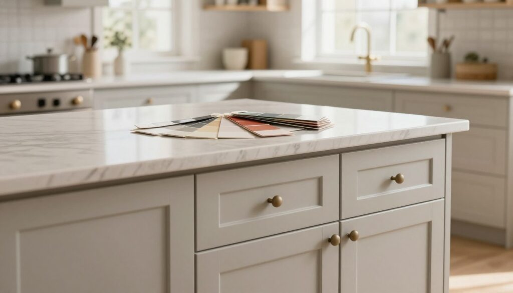 A beautifully organized kitchen showcasing modern kitchen furniture. In the foreground, a sleek set of painted cabinetry featuring a matte finish, with handles optimized for frequent use. The middle section highlights a stunning countertop made of durable material, reflecting subtle light. An array of paint swatches in satin and glossy finishes is displayed on the countertop, emphasizing color choices for kitchen furniture. The background reveals a bright, airy kitchen space with natural light streaming through large windows, creating a warm atmosphere. The kitchen is impeccably clean, showcasing the practical aspects of maintenance and hygiene. The overall mood is inviting and functional, emphasizing the importance of choosing the right paint for kitchen furnishings. A beautifully organized kitchen showcasing modern kitchen furniture. In the foreground, a sleek set of painted cabinetry featuring a matte finish, with handles optimized for frequent use. The middle section highlights a stunning countertop made of durable material, reflecting subtle light. An array of paint swatches in satin and glossy finishes is displayed on the countertop, emphasizing color choices for kitchen furniture. The background reveals a bright, airy kitchen space with natural light streaming through large windows, creating a warm atmosphere. The kitchen is impeccably clean, showcasing the practical aspects of maintenance and hygiene. The overall mood is inviting and functional, emphasizing the importance of choosing the right paint for kitchen furnishings.