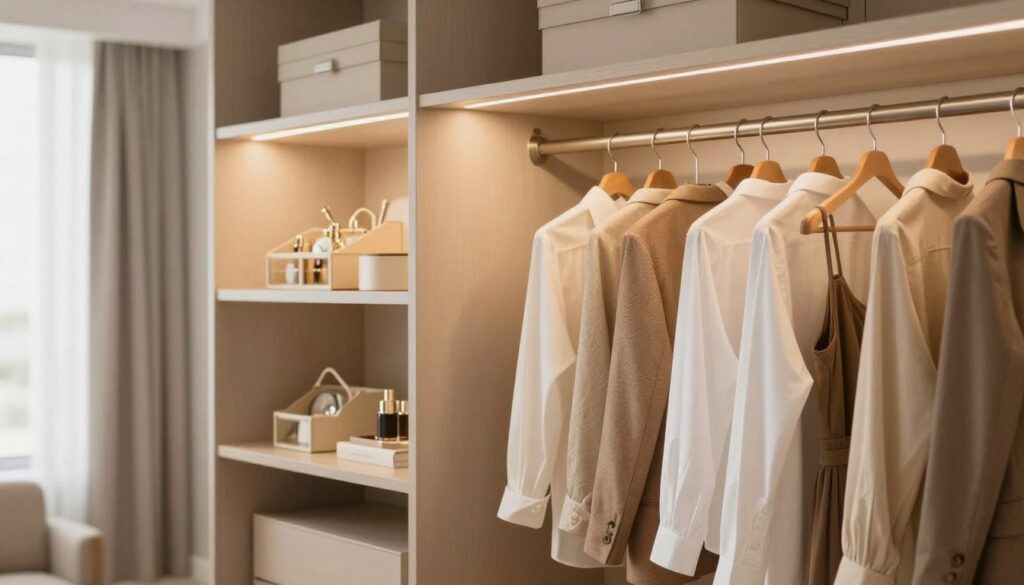 A beautifully organized wardrobe showcasing ergonomic design features, emphasizing easy access to clothing. Foreground: a spacious closet with a well-placed hanging rod, set at an optimal height for shirts, jackets, and dresses. Each item is neatly hung with ample space between them for visibility. Middle ground: a soft, elegantly lit ambiance highlighting the sleek lines of the wardrobe, complemented by stylish organizers for accessories at eye level. Background: a light, airy room with soft, warm lighting filtering through a nearby window, enhancing the inviting atmosphere. The wardrobe should reflect modern design trends, focusing on functionality and comfort, with a mood that conveys ease and accessibility for daily use. No text or overlays present within the image. A beautifully organized wardrobe showcasing ergonomic design features, emphasizing easy access to clothing. Foreground: a spacious closet with a well-placed hanging rod, set at an optimal height for shirts, jackets, and dresses. Each item is neatly hung with ample space between them for visibility. Middle ground: a soft, elegantly lit ambiance highlighting the sleek lines of the wardrobe, complemented by stylish organizers for accessories at eye level. Background: a light, airy room with soft, warm lighting filtering through a nearby window, enhancing the inviting atmosphere. The wardrobe should reflect modern design trends, focusing on functionality and comfort, with a mood that conveys ease and accessibility for daily use. No text or overlays present within the image.
