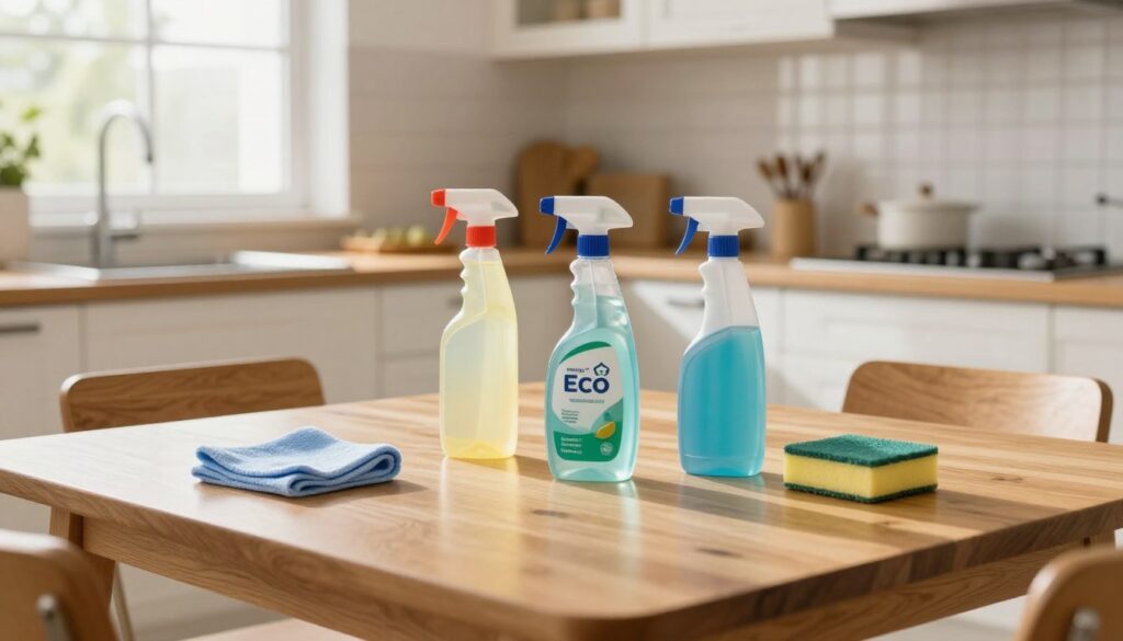 A bright and inviting kitchen scene focused on a wooden kitchen table and cabinets, showcasing various cleaning supplies for daily maintenance, such as a soft cloth, eco-friendly cleaning spray, and sponge. In the foreground, the table is slightly cluttered, suggesting recent use, while the middle features sparkling, well-maintained cabinets reflecting natural light. The background reveals a window with sunlight streaming in, illuminating the cleanliness and warmth of the space. Use a wide-angle lens to capture the cozy atmosphere, with a soft focus effect on the edges to draw attention to the cleaning supplies. The mood is fresh and cheerful, emphasizing efficient cleaning methods that keep surfaces looking pristine without scratches.