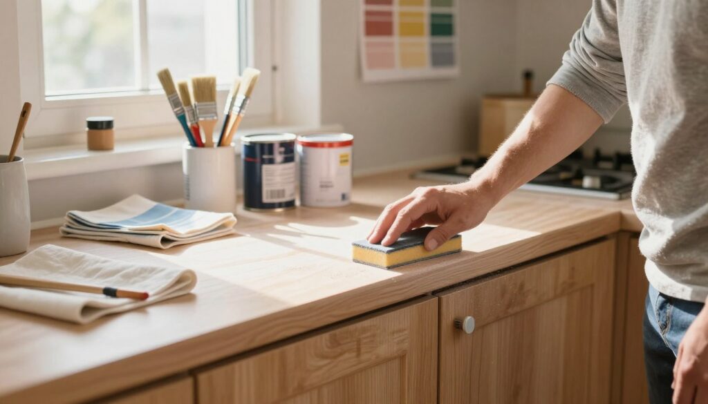 A bright and well-lit kitchen workspace featuring wooden kitchen cabinets in the process of being prepared for painting. In the foreground, a person in modest casual clothing is gently sanding the surfaces of a cabinet with a sanding block, showcasing fine dust particles illuminated by warm, natural light streaming through a window. The middle ground includes an array of painting supplies, such as brushes, paint cans, and protective drop cloths, organized neatly on a counter. In the background, a wall adorned with color swatches hints at the transformation to come, emphasizing a sense of creativity and anticipation in the air. The mood is focused and industrious, conveying the preparation stage of renewing kitchen furniture with a clean, inviting atmosphere.