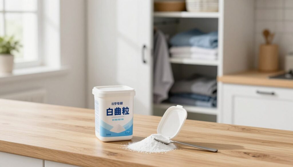 A clean and inviting kitchen environment featuring a container of baking soda prominently placed on a wooden countertop. In the foreground, the baking soda container is open, with a small spoon beside it, suggesting its use for freshening up spaces. In the middle ground, a neatly organized closet door is slightly ajar, revealing a glimpse of freshly laundered clothes, hinting at the absence of unpleasant odors. The background includes soft natural lighting filtering through a nearby window, casting gentle shadows, enhancing the fresh and clean atmosphere. The overall mood of the image is bright, fresh, and soothing, evoking a sense of cleanliness and home care.