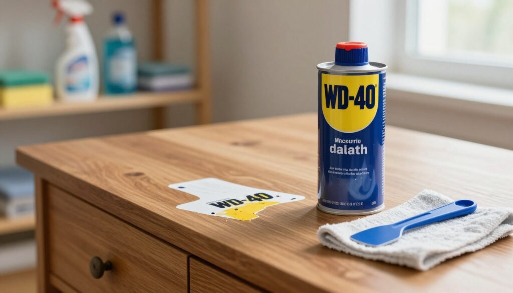 A clean and organized workspace featuring a polished wooden piece of furniture with a stubborn sticker partially removed. In the foreground, a can of WD-40 is prominently placed on the surface, alongside a soft cloth and a plastic scraper. The middle ground showcases the sticker, showing residue still clinging to the surface, while the background is softly blurred, hinting at shelves with neatly arranged cleaning supplies. Natural light streams in from a nearby window, creating a warm and inviting atmosphere. The image should capture a sense of professionalism and practicality, emphasizing the effectiveness of WD-40 in adhesive removal. Aim for a close-up angle with a shallow depth of field to draw attention to the tools and task at hand. A clean and organized workspace featuring a polished wooden piece of furniture with a stubborn sticker partially removed. In the foreground, a can of WD-40 is prominently placed on the surface, alongside a soft cloth and a plastic scraper. The middle ground showcases the sticker, showing residue still clinging to the surface, while the background is softly blurred, hinting at shelves with neatly arranged cleaning supplies. Natural light streams in from a nearby window, creating a warm and inviting atmosphere. The image should capture a sense of professionalism and practicality, emphasizing the effectiveness of WD-40 in adhesive removal. Aim for a close-up angle with a shallow depth of field to draw attention to the tools and task at hand.