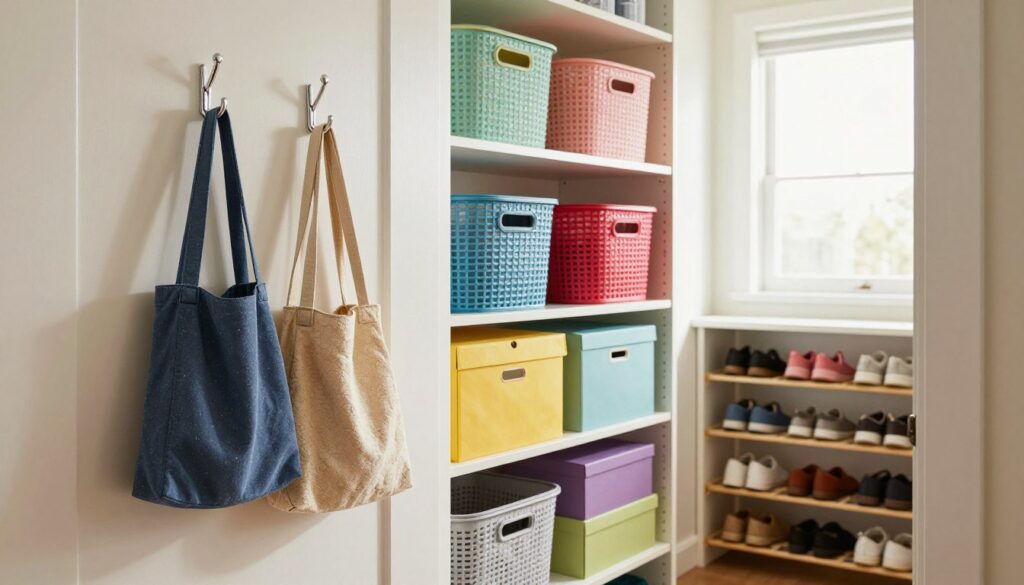 A cleverly organized small closet interior, showcasing innovative storage solutions. In the foreground, a pair of stylish mini hooks on the inside of a door, holding lightweight bags and accessories. The middle section features a neat arrangement of colorful baskets and boxes stacked on shelves, maximizing vertical space. In the background, a glimpse of a well-lit section with natural light filtering through a small window, illuminating an organized shoe rack with various shoes placed neatly. The atmosphere is bright and welcoming, evoking a sense of order and creativity. Use soft lighting to enhance the colors and textures of the materials, providing a cozy yet functional feel to the space.
