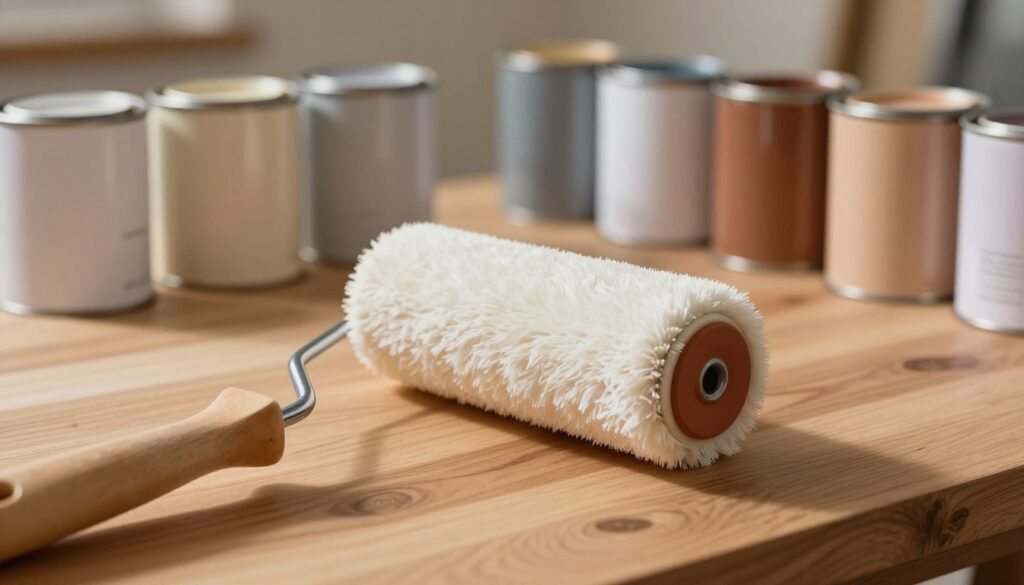 A close-up image of a high-quality roller brush designed for painting furniture, elegantly positioned on a wooden workbench. The roller features a soft, fluffy texture, perfect for smooth paint application. In the background, a variety of paint cans in muted colors—creamy whites, soft pastels, and rich earthy tones—are neatly arranged, showcasing different types of furniture paints. The lighting is warm and inviting, casting soft shadows that enhance the texture of the roller and the wood grain of the table, while a slight lens blur creates a dreamy atmosphere. The overall mood evokes a sense of creativity and preparation for a DIY furniture project, without any distractions like text or logos. A close-up image of a high-quality roller brush designed for painting furniture, elegantly positioned on a wooden workbench. The roller features a soft, fluffy texture, perfect for smooth paint application. In the background, a variety of paint cans in muted colors—creamy whites, soft pastels, and rich earthy tones—are neatly arranged, showcasing different types of furniture paints. The lighting is warm and inviting, casting soft shadows that enhance the texture of the roller and the wood grain of the table, while a slight lens blur creates a dreamy atmosphere. The overall mood evokes a sense of creativity and preparation for a DIY furniture project, without any distractions like text or logos.