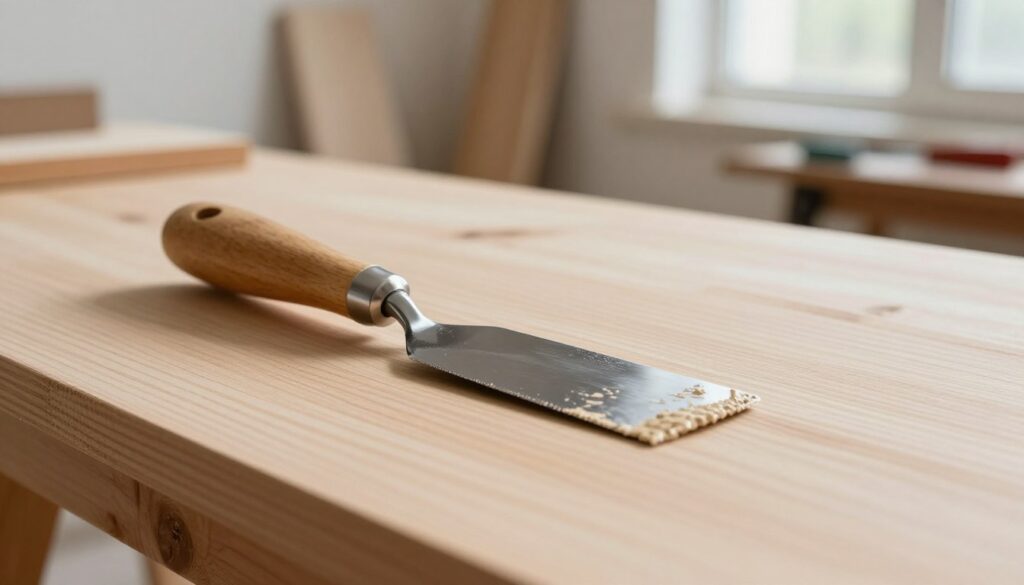 A close-up image of a wooden putty knife (szpachla drewna) resting on a smooth, freshly applied layer of wood filler against a wooden surface. The foreground features the putty knife, showing its metal blade glistening with wood filler, while the middle ground captures the textured surface of the wood with subtle color variations, indicating a recent repair. The background showcases a soft-focus view of a bright, well-lit workshop with tools and wood pieces, enhancing the DIY atmosphere. Natural light filters through a nearby window, illuminating the scene and creating warm, inviting shadows. The overall mood is focused and constructive, ideal for illustrating the process of achieving a smooth surface in woodworking repairs.