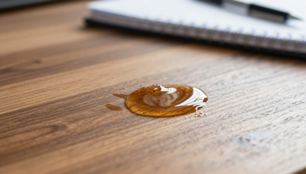 A close-up view of a freshly created stain on a wooden surface of a desk, emphasizing a small, glossy area where the glue has been spilled. The foreground features the glistening sticky substance, capturing the light as it reflects off the glue's surface. In the middle ground, the rich grain of the wooden surface is visible, showing intricate details and variations in color and texture. The background is softly blurred, hinting at some organized office items like a notebook and a pen, creating a professional atmosphere. The lighting is bright and natural, simulating daylight coming from a nearby window. The overall mood conveys a sense of urgency and the need for quick, effective action to address the fresh stain, capturing the essence of immediate, non-chemical cleaning solutions.