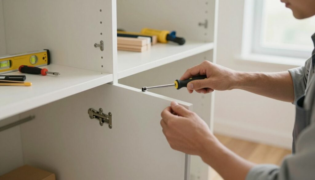 A close-up view of a person carefully disassembling sliding wardrobe doors in a bright, well-lit room. The foreground features the individual, dressed in modest casual clothing, using a screwdriver to remove a door rail, showcasing precision and focus. In the middle, the sliding doors are partially detached, highlighting the mechanisms and hardware involved in the process, with tools like a level and small hand tools nearby for added detail. The background includes a neatly organized wardrobe, with soft natural light streaming in through a nearby window, creating a calm and focused atmosphere. The scene conveys a sense of safety and professionalism, emphasizing an instructional approach to the task.