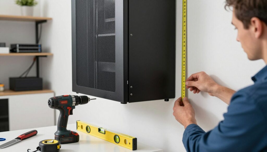A close-up view of a professional installing a wall-mounted 19” rack cabinet in a modern home server room. The technician, wearing smart casual attire, is carefully measuring wall studs and using a level to ensure proper alignment. In the foreground, tools like a drill, level, and tape measure are neatly arranged. The midground features the rack cabinet being securely fastened to the wall, showcasing its sleek design and ventilation features. In the background, a tidy room with shelves, cables, and a small network setup adds depth. Natural light filters in, creating a bright and focused atmosphere, highlighting the importance of precision in the installation process.