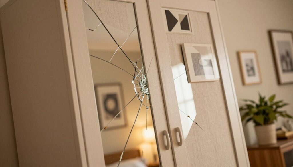 A close-up view of a stylish wardrobe with a cracked mirror on the door. The foreground features the cracked mirror softly reflecting light, creating a warm ambiance. In the middle, elegant decorative solutions are applied over the cracked area, such as a beautiful fabric cover or strategically placed artwork, enhancing the overall aesthetic. The background shows a cozy, softly lit room with neutral-colored walls and tasteful decor elements like potted plants and framed pictures. The lighting is warm and inviting, capturing a serene mood. The angle is slightly tilted upward, emphasizing the changes made to the mirror while keeping the focus on the wardrobe and its artistic distractions, illustrating a creative solution to mask the cracked mirror effectively.