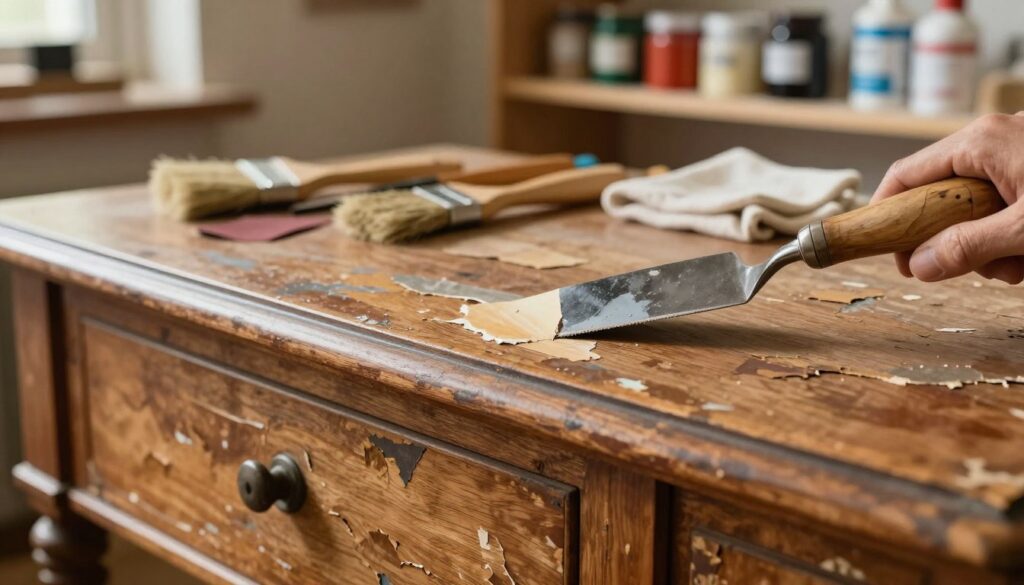 A close-up view of an old wooden furniture piece with layers of peeling paint, varnish, and wax visibly separating. In the foreground, a detail of a scraper tool gently removing the old layers, showcasing the rich, aged wood beneath. The middle ground features scattered tools like brushes, sandpaper, and cloth, hinting at the restoration process. In the background, a well-lit workshop environment with shelves of jars containing paint and solvents, illuminated by soft, warm lighting to create a cozy atmosphere. The overall mood is one of care and craftsmanship, reflecting the meticulous work of restoring antique furniture. A close-up view of an old wooden furniture piece with layers of peeling paint, varnish, and wax visibly separating. In the foreground, a detail of a scraper tool gently removing the old layers, showcasing the rich, aged wood beneath. The middle ground features scattered tools like brushes, sandpaper, and cloth, hinting at the restoration process. In the background, a well-lit workshop environment with shelves of jars containing paint and solvents, illuminated by soft, warm lighting to create a cozy atmosphere. The overall mood is one of care and craftsmanship, reflecting the meticulous work of restoring antique furniture.