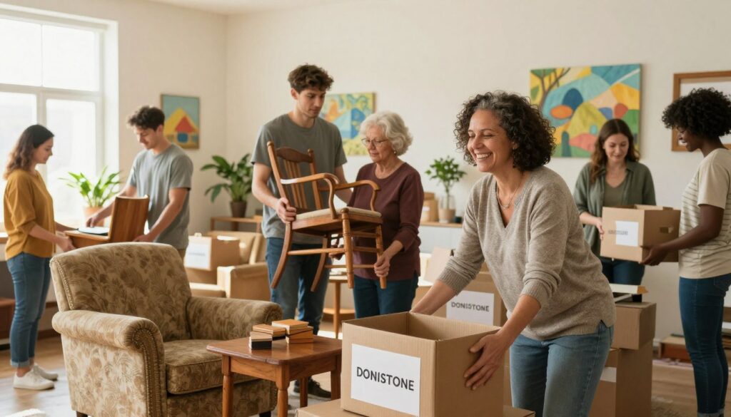 A cozy, inviting community center interior, showcasing a small group of diverse individuals of various ages and ethnicities, all dressed in modest casual clothing, engaged in the process of donating old furniture. In the foreground, a cheerful middle-aged woman is gently placing a well-loved armchair and a wooden side table onto a donation pile. In the middle, a young man assists an elderly lady with a vintage set of wooden chairs, creating a sense of camaraderie. The background features a warm, softly lit atmosphere, with walls adorned with cheerful paintings and decorative plants. Sunlight filters through large windows, enhancing the atmosphere of generosity and community spirit. A hint of organization signage can be seen in the background, quietly emphasizing the theme of giving.