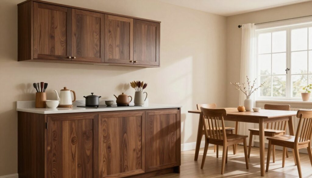 A cozy kitchen interior featuring a wall decorated in a soft, warm beige tone, complementing both dark brown and light brown furniture. The foreground showcases beautifully crafted cabinetry with rich walnut finishes, stylishly arranged kitchen items, and a sleek countertop. In the middle ground, there is a wooden dining table paired with elegant chairs in matching shades, inviting warmth and comfort. The background includes a well-lit window allowing natural light to flood the space, creating an inviting atmosphere. Use soft diffused lighting to enhance the warmth, and a slight tilt angle that captures the entire scene harmoniously. The overall mood conveys a sense of elegance and practical design, perfect for inspiring color choices in relation to brown furniture.