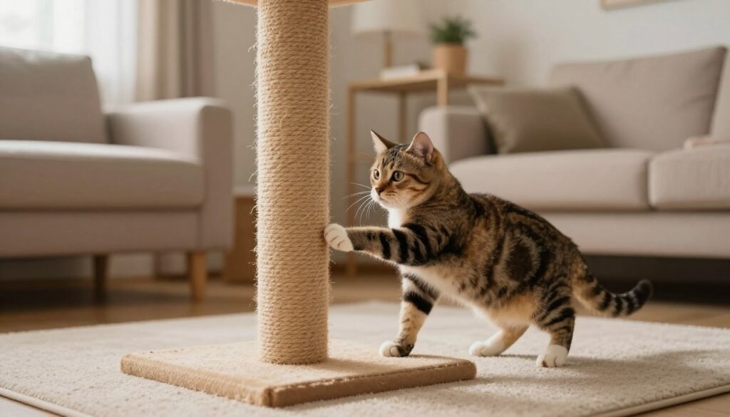 A cozy living room featuring a tall, elegant scratch post (drapak) as the focal point in the foreground. The scratch post is covered in natural sisal rope with a soft carpeted base, well-worn from cat use. In the middle ground, a playful tabby cat is curiously approaching the scratch post, stretching out its paws to engage with it. The background softly blurs into a well-decorated room with stylish furniture, showcasing the potential for a cat-friendly space. Warm, diffused lighting casts a welcoming glow, enhancing the inviting atmosphere. The scene is captured from a low angle to emphasize the cat's playful demeanor and the scratch post's height. Create a serene mood that encourages positive behavior in cat ownership.