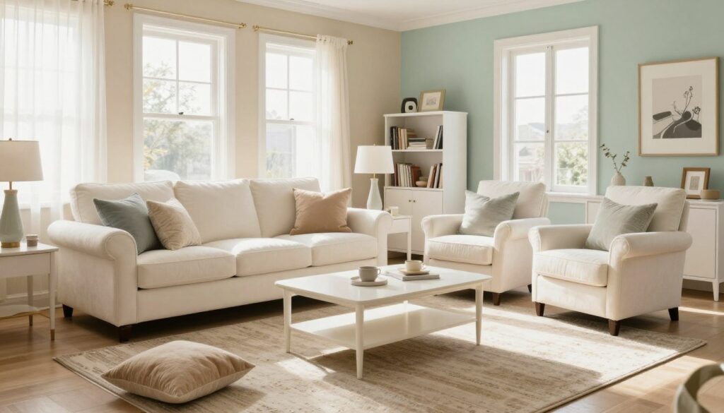 A cozy living room featuring elegant white furniture, including a plush sofa and stylish armchairs arranged around a chic coffee table. The walls are painted in a soft, warm color like light beige or pale mint green, which enhances the inviting atmosphere. The room is illuminated by natural light streaming in through large windows with sheer curtains, creating a bright and airy feel. In the background, a tastefully decorated bookshelf and modern artwork complement the decor. Scatter cushions in complementary colors and a textured area rug add warmth and texture to the space. The composition is photographed from a slight angle to showcase the room's layout, evoking a sense of comfort and cohesion.