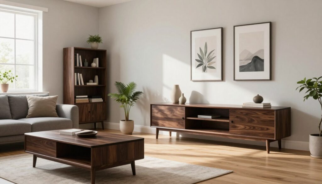A cozy, well-lit interior showcasing a harmonious palette for walls suitable for dark furniture. The foreground features a stylish living room scene with light pastel-colored walls in shades of white, beige, and soft gray, creating a soothing atmosphere. In this setting, there are elegant dark wood pieces, such as a sophisticated coffee table and sleek bookshelves. The middle ground reveals a light hardwood floor, enhancing the airy feel of the room. Natural light streams through large windows, casting gentle shadows and highlighting the textures of the furniture and walls. Add a few tasteful decorative elements like houseplants and art, evoking a sense of tranquility and professionalism, all while ensuring the scene remains inviting and visually balanced, with no text or branding present.