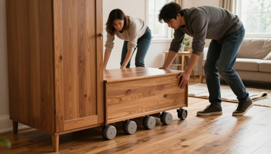 A cozy, well-lit living room scene illustrating alternative methods for moving heavy furniture without specialized tools. In the foreground, a sturdy wooden wardrobe is partially moved on a series of rounded furniture sliders that allow for easy maneuvering across a polished wooden floor. Two individuals, dressed in modest casual clothing, are depicted bending and pushing the wardrobe carefully. In the middle ground, furniture pads and rolls of cloth are placed strategically around the room, signifying safe moving practices. The background features soft natural light filtering through a window, enhancing the warmth of the room. The atmosphere conveys practicality and resourcefulness, focusing on safe, home-based solutions to moving heavy items without damaging the floor.
