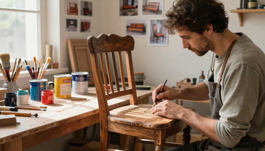A cozy, well-lit workshop filled with the tools of furniture restoration. In the foreground, a skilled artisan is gently sanding an ornate wooden chair, dressed in modest casual clothing. The texture of the wood is beautifully visible, revealing its age and potential. In the middle ground, a vibrant assortment of paint cans and brushes are scattered on a workbench, showcasing various colors for rejuvenating the furniture. Natural light streams in through a window, casting soft shadows that create a warm, inviting atmosphere. The background features a wall adorned with before-and-after photos of restored furniture, hinting at creativity and inspiration. This scene captures the essence of DIY restoration, illustrating the transformative process of refreshing old furniture.