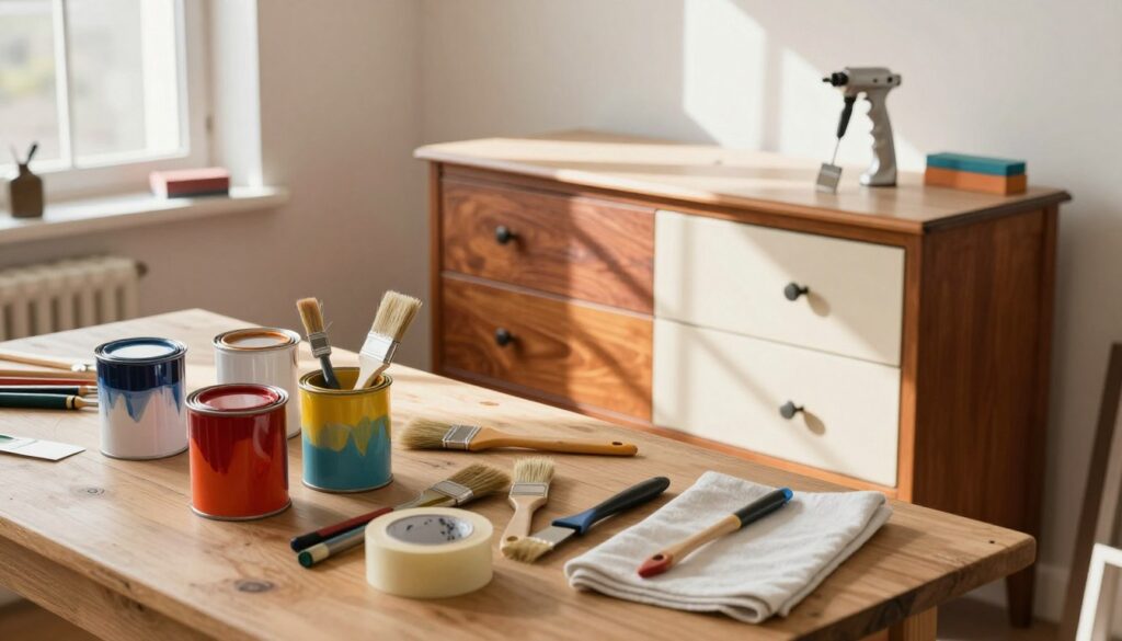 A cozy, well-lit workshop scene showcasing a variety of furniture painting tools and supplies. In the foreground, a wooden table is cluttered with cans of vibrant paint, brushes of different sizes, masking tape, and drop cloths. In the middle ground, a partially painted vintage dresser stands prominently, showcasing a rich color contrast with fresh strokes. Various tools like a paint sprayer and sanding block are artistically arranged around it. In the background, sunlight streams through a window, casting soft shadows and creating a warm, inviting atmosphere. The composition emphasizes the creative process, capturing the essence of furniture painting with an organized, yet lively vibe. The angle should be slightly elevated, providing a clear view of the tools and the painting in progress.