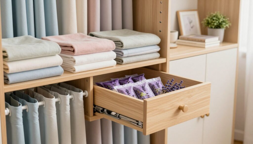 A cozy, well-organized wardrobe filled with neatly folded, pristine curtain fabrics in soft pastel colors. The foreground features a wooden shelf brimming with various curtains, each delicately arranged and protected from dust. In the middle, an open drawer reveals fresh lavender sachets that help maintain a pleasant aroma while preventing moisture and yellowing. The background shows the wardrobe doors, elegantly closed, with soft, warm lighting that creates an inviting atmosphere. A few decorative elements like a small potted plant and books have been artfully placed nearby, enhancing the scene's serenity. The overall mood is calm, tidy, and organized, capturing the essence of careful curtain storage.