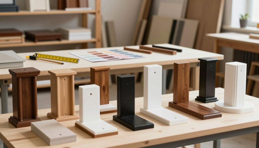 A detailed display of various types of furniture bases, known as cokoły, arranged artistically. In the foreground, showcase distinct styles like classical, modern, and minimalistic bases, highlighting materials such as wood, metal, and composite finishes. In the middle ground, incorporate a clean worktable with measuring tools and color swatches to illustrate the selection process. The background features a softly lit workshop, giving a warm and inviting atmosphere, with shelves displaying furniture parts. Use natural lighting to create soft shadows and emphasize textures. The image should evoke a sense of DIY craftsmanship and thoughtful design, making it visually relatable for furniture enthusiasts. A detailed display of various types of furniture bases, known as cokoły, arranged artistically. In the foreground, showcase distinct styles like classical, modern, and minimalistic bases, highlighting materials such as wood, metal, and composite finishes. In the middle ground, incorporate a clean worktable with measuring tools and color swatches to illustrate the selection process. The background features a softly lit workshop, giving a warm and inviting atmosphere, with shelves displaying furniture parts. Use natural lighting to create soft shadows and emphasize textures. The image should evoke a sense of DIY craftsmanship and thoughtful design, making it visually relatable for furniture enthusiasts.