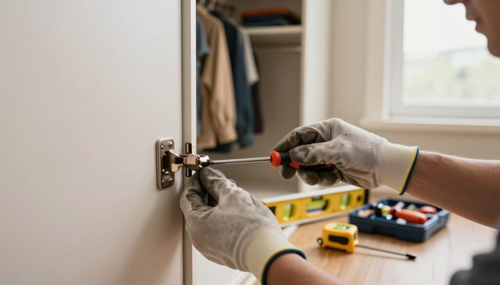 A detailed scene depicting a close-up of cabinet door hinges being adjusted in three dimensions. The foreground shows a person's hands, wearing modest work gloves, carefully utilizing a screwdriver to turn the screws on a hinge, illustrating the adjustment process. In the middle, a well-organized tool set is neatly placed beside the cabinet, including a level, measuring tape, and a screwdriver. The background features an open closet with neatly arranged clothes, softly illuminated by warm, natural light filtering through a nearby window. The atmosphere is practical and focused, conveying a sense of DIY empowerment and home improvement. The composition is shot from a low angle to emphasize the hinge adjustments, creating a dynamic and engaging perspective. A detailed scene depicting a close-up of cabinet door hinges being adjusted in three dimensions. The foreground shows a person's hands, wearing modest work gloves, carefully utilizing a screwdriver to turn the screws on a hinge, illustrating the adjustment process. In the middle, a well-organized tool set is neatly placed beside the cabinet, including a level, measuring tape, and a screwdriver. The background features an open closet with neatly arranged clothes, softly illuminated by warm, natural light filtering through a nearby window. The atmosphere is practical and focused, conveying a sense of DIY empowerment and home improvement. The composition is shot from a low angle to emphasize the hinge adjustments, creating a dynamic and engaging perspective.