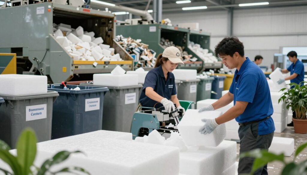 A detailed scene showcasing the recycling process of expanded polystyrene (styrofoam). In the foreground, display workers in professional attire handling large blocks of styrofoam, with one using a specialized machine to break it down. In the middle ground, depict an organized recycling facility filled with various recycling bins labeled clearly for styrofoam. The background should feature large industrial recycling machinery, under bright, clean lighting that emphasizes a sense of efficiency and sustainability. Incorporate green plants in the setting to symbolize environmental support. The mood of the image should convey a sense of responsibility and teamwork, highlighting the importance of recycling in an industrious yet eco-friendly atmosphere.