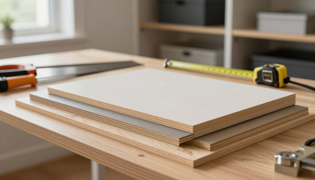 A detailed selection of shelf materials for a closet, showcasing sheets of plywood, wood, and MDF in various thicknesses. In the foreground, there are samples of each material arranged neatly, highlighting their textures and colors; the plywood features a natural grain, while the MDF has a smooth, matte finish. The middle ground displays a well-organized workspace with tools like a measuring tape and saw, signifying preparation for shelving systems. The background includes a soft-focus image of a modern closet, emphasizing practicality. Natural light filters in from a nearby window, creating a warm and inviting atmosphere. The lens captures a sharp focus on the materials, with a slight depth of field effect to enhance the composition. A detailed selection of shelf materials for a closet, showcasing sheets of plywood, wood, and MDF in various thicknesses. In the foreground, there are samples of each material arranged neatly, highlighting their textures and colors; the plywood features a natural grain, while the MDF has a smooth, matte finish. The middle ground displays a well-organized workspace with tools like a measuring tape and saw, signifying preparation for shelving systems. The background includes a soft-focus image of a modern closet, emphasizing practicality. Natural light filters in from a nearby window, creating a warm and inviting atmosphere. The lens captures a sharp focus on the materials, with a slight depth of field effect to enhance the composition.