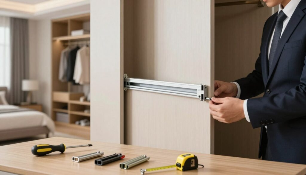A detailed step-by-step guide on installing roller tracks for a sliding wardrobe. In the foreground, show a well-organized workspace with tools like a screwdriver, measuring tape, and roller components neatly arranged. The middle ground features a close-up of a person wearing professional business attire, carefully installing the rollers on a sleek wardrobe door, ensuring alignment for smooth movement. The background displays a stylish, modern bedroom with a neatly fitted sliding wardrobe that complements the decor. Soft, natural lighting casts a warm glow, enhancing the focus on the installation process. The overall atmosphere should be calm and professional, emphasizing precision and expertise in wardrobe assembly.