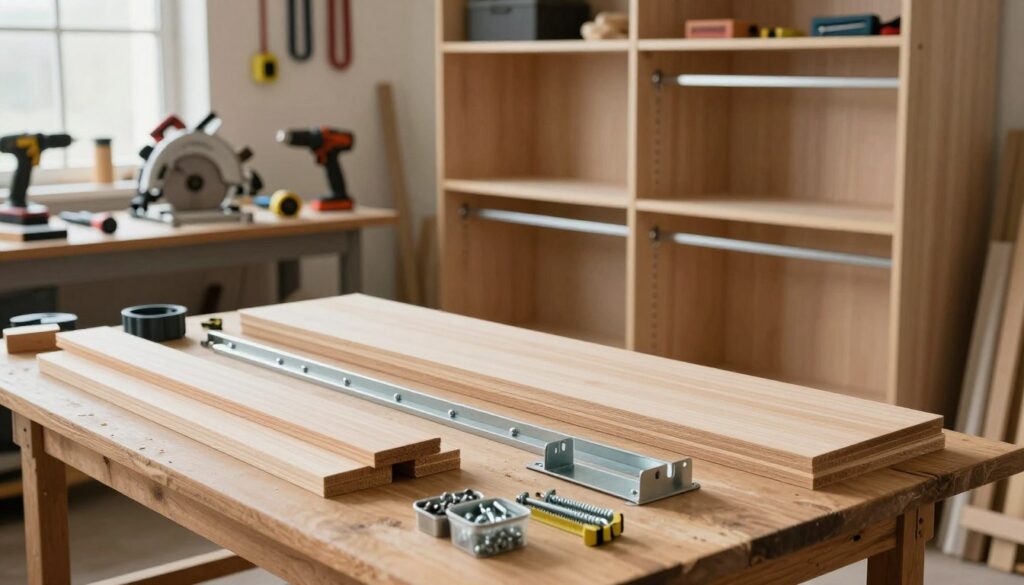 A detailed workspace showcasing various materials and tools for building a fitted wardrobe. In the foreground, a wooden workbench cluttered with different types of wood (plywood, MDF, and solid wood) neatly stacked. Include metal brackets, shelf connectors, and screws arranged in small containers. In the middle-ground, a partially assembled wardrobe frame stands, illustrating tracks and rails for smooth sliding doors. The background features a well-lit workshop environment with shelves filled with tools like a circular saw, drill, and measuring tape. Soft, natural light filters in through a window, creating an inviting and productive atmosphere. Capture the essence of craftsmanship, emphasizing organization and focus on quality materials, highlighting both the technical and aesthetic elements of wardrobe construction.