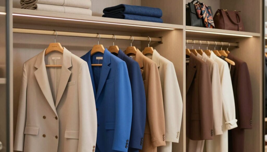 A luxurious, modern closet filled with a curated selection of clothing showcasing a harmonious color palette. In the foreground, three elegantly arranged outfits represent minimalistic style: one in soft neutrals, another in vibrant blues, and a third in earthy tones. The middle layer features hanging garments in complementary shades, neatly organized on sleek wooden hangers. The background includes shelves with neatly folded accessories like scarves and bags, all matching the defined color scheme. The lighting is warm and inviting, casting a soft glow over the scene, while the camera angle captures the depth and organization of this capsule wardrobe idea. The atmosphere is calm and inspiring, emphasizing a sense of style and coordination.