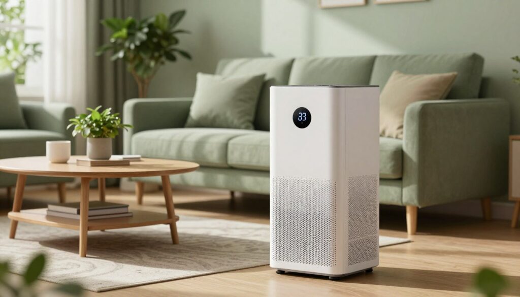 A modern air purifier positioned prominently in a stylish living room setting, offering a sense of cleanliness and freshness. In the foreground, the sleek design of the purifier is highlighted, showcasing its digital display and filter system. The middle ground features comfortable furniture, like a plush sofa and a coffee table, adorned with a few plants that symbolize a healthy environment. Natural light filters through large windows, casting soft, warm shadows, creating a calming atmosphere. In the background, subtle hints of new furniture are visible, suggesting the context of the article without overwhelming the scene. The color palette is soothing, with soft greens and earth tones, invoking a sense of tranquility and health. The image conveys the professional approach to dealing with persistent odors in a home environment. A modern air purifier positioned prominently in a stylish living room setting, offering a sense of cleanliness and freshness. In the foreground, the sleek design of the purifier is highlighted, showcasing its digital display and filter system. The middle ground features comfortable furniture, like a plush sofa and a coffee table, adorned with a few plants that symbolize a healthy environment. Natural light filters through large windows, casting soft, warm shadows, creating a calming atmosphere. In the background, subtle hints of new furniture are visible, suggesting the context of the article without overwhelming the scene. The color palette is soothing, with soft greens and earth tones, invoking a sense of tranquility and health. The image conveys the professional approach to dealing with persistent odors in a home environment.
